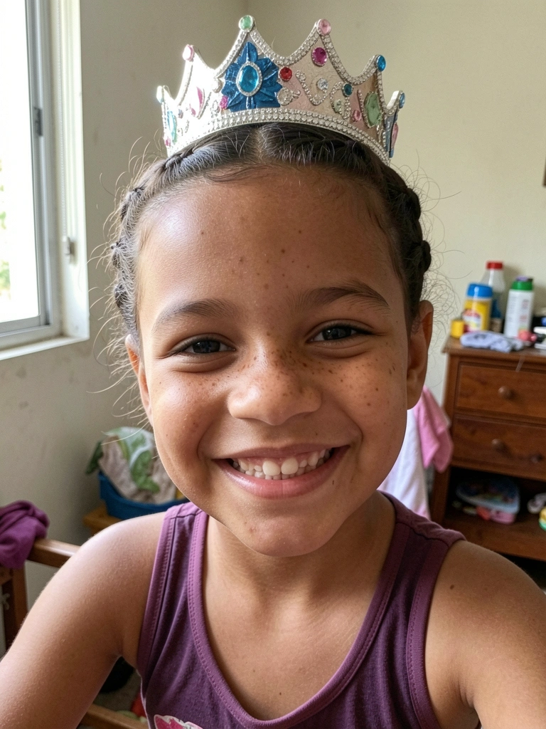 Menina com torcidinhos laterais presos atrás e coroa de princesa de brinquedo na cabeça.