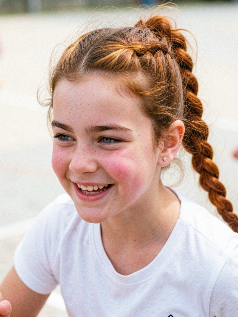 Menina correndo em quadra esportiva com cabelo semi-preso e trança embutida.