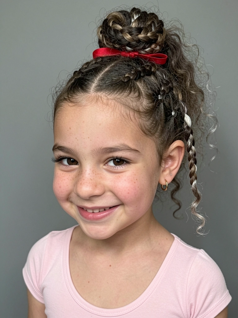 Menina com vestido de festa, cabelo preso em coque com laço enfeitado.