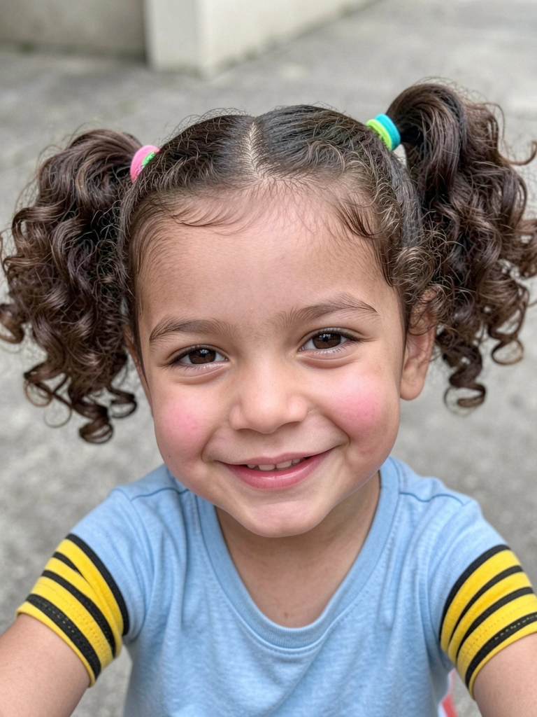 Cabelo crespo infantil hidratado preso em dois coques com elásticos coloridos.