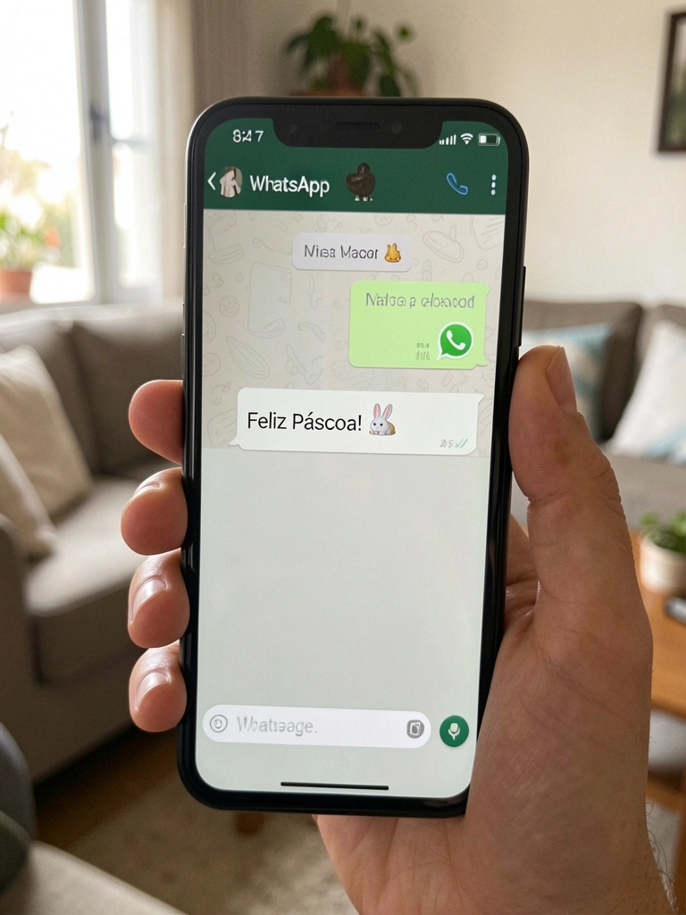 Smartphone com tela do WhatsApp exibindo mensagem curta de Páscoa e emoji de coelho.