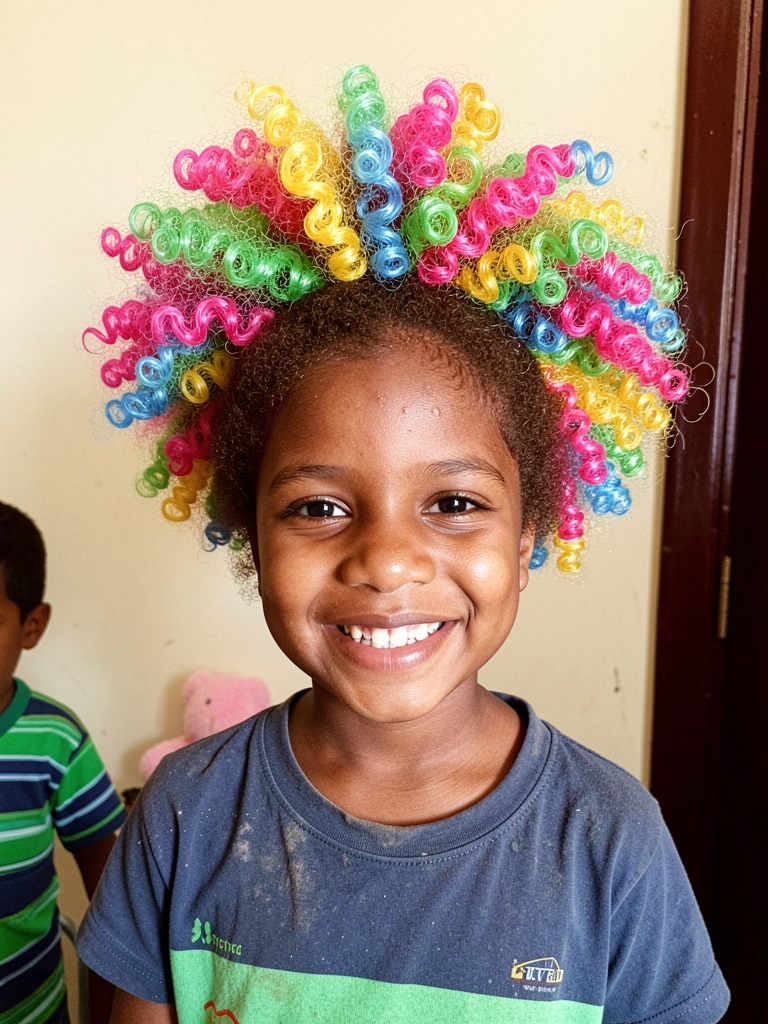 Criança com cabelo cacheado volumoso em formato de donut, sorrindo, fundo colorido.