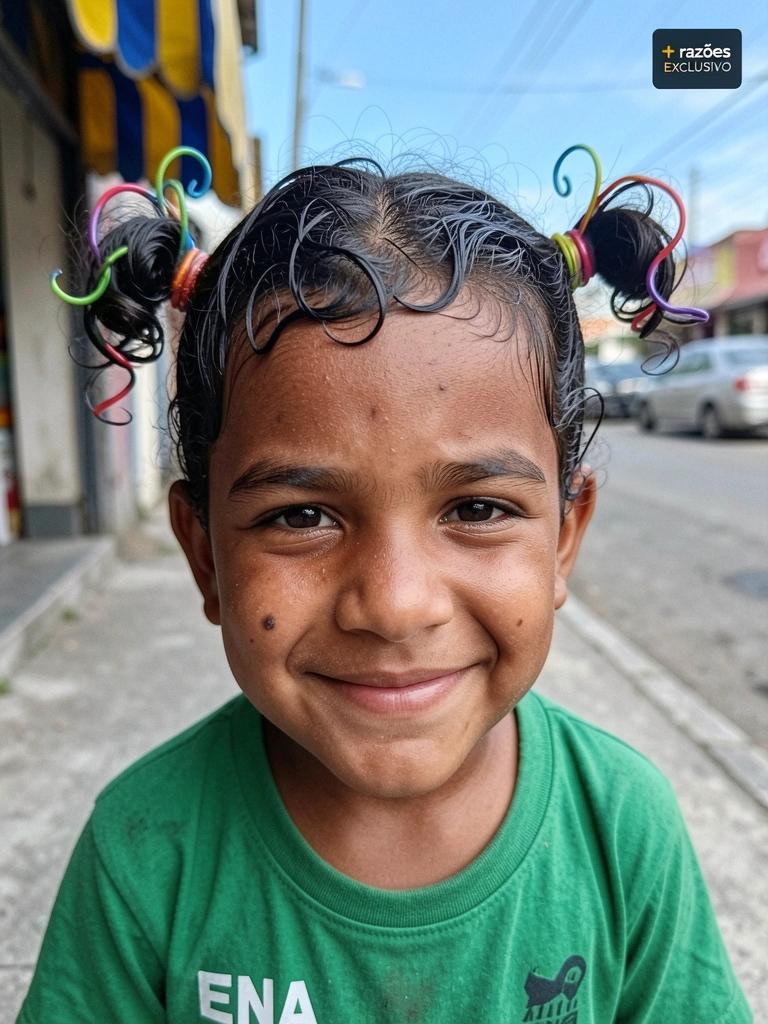 Criança com cabelo cacheado em rabinhos com arames coloridos formando tentáculos de polvo.
