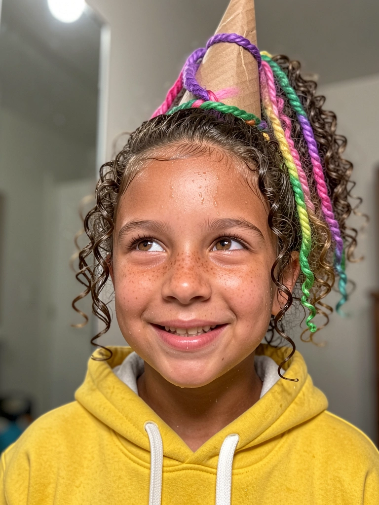 Criança com rabo de cavalo cacheado alto olhando para cima, cone de papelão coberto com cabelo na cabeça.