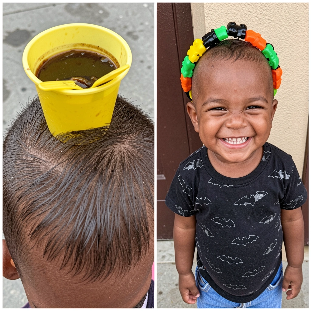 Duas crianças cacheadas, uma menor e uma maior, sorrindo com penteados diferentes.