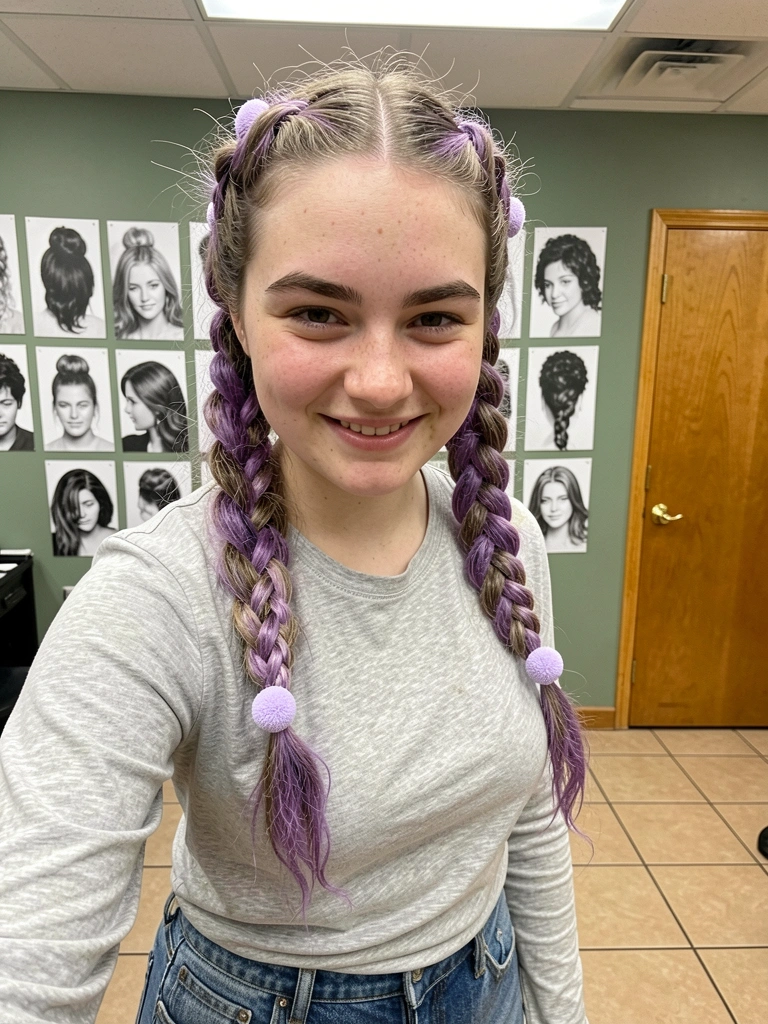 Criança com cabelo cacheado volumoso em formato de donut, sorrindo, fundo colorido.