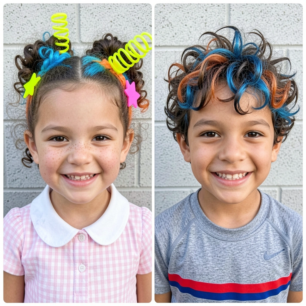 Duas crianças com cabelos cacheados, uma menor e uma maior, sorrindo juntas.