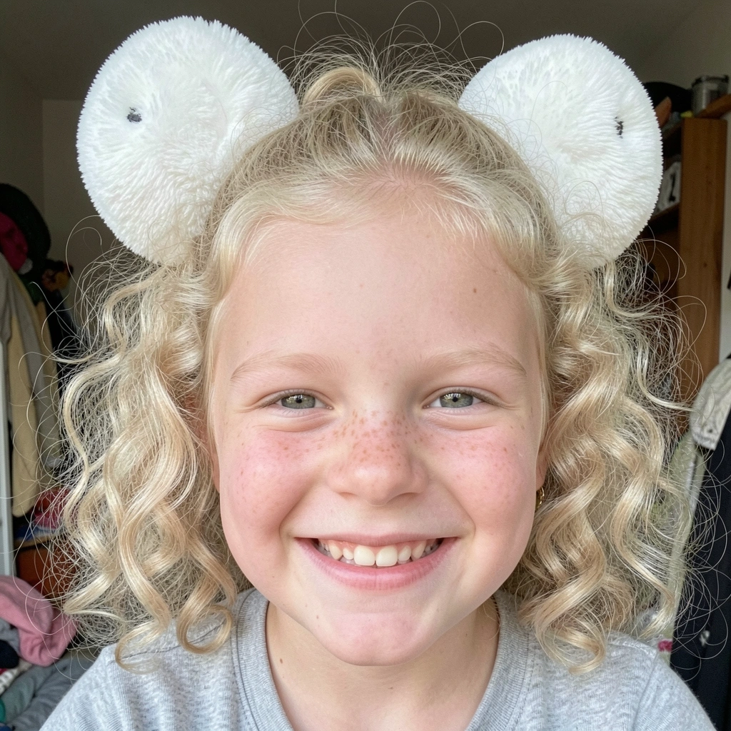 Criança pequena com cabelos cacheados, antenas de cabelo e pompom, sorrindo.