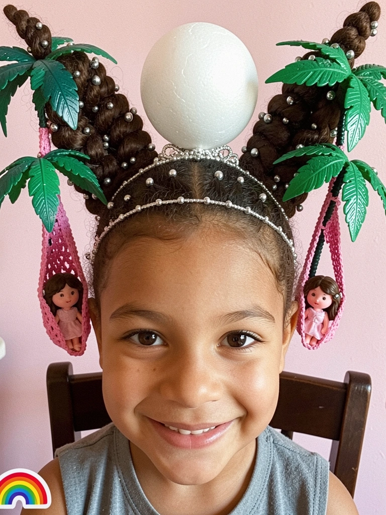 Criança com cabelo cacheado modelado em formato de sorvete, usando tiara com bola de isopor.