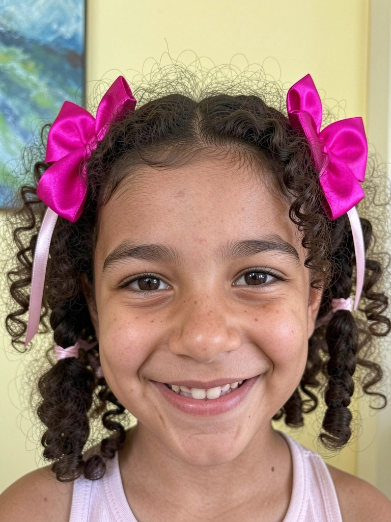 Criança com cabelos cacheados e dois coques laterais no topo da cabeça, sorrindo.