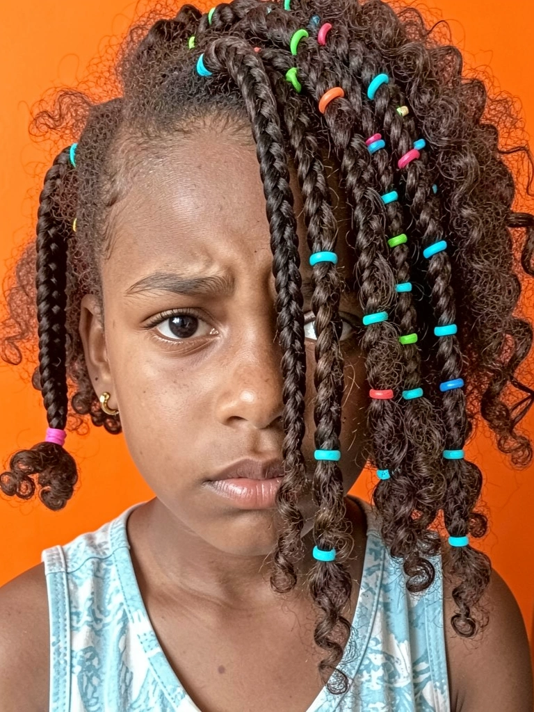 Cabelo cacheado infantil dividido em fileiras com liguinhas coloridas.