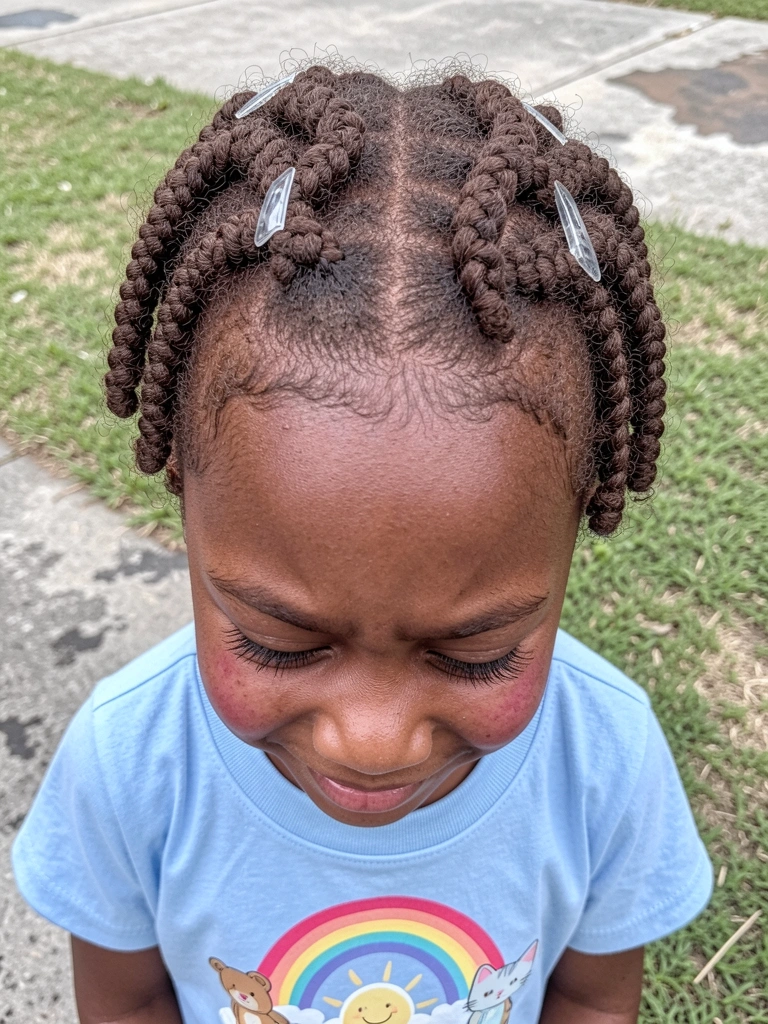 Menina com vestido de festa, penteado cacheado com tiara e cachos soltos caindo sobre os ombros.