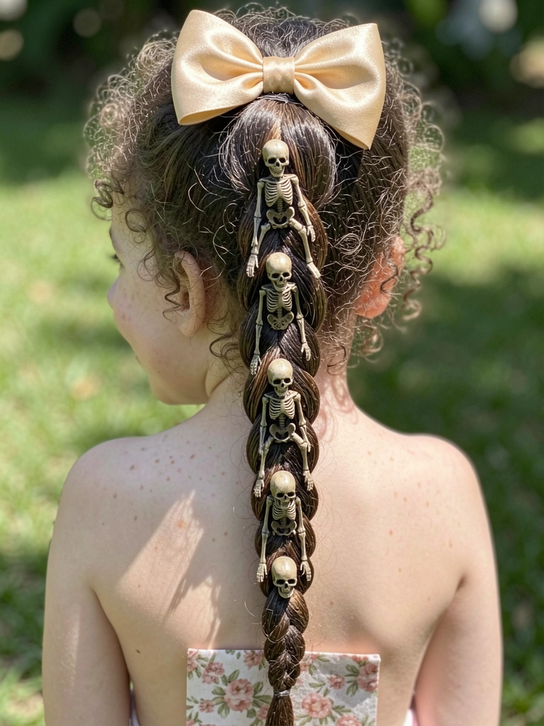 Criança com cabelo cacheado preso em coque abacaxi, com laço de cetim grande e colorido no topo da cabeça.
