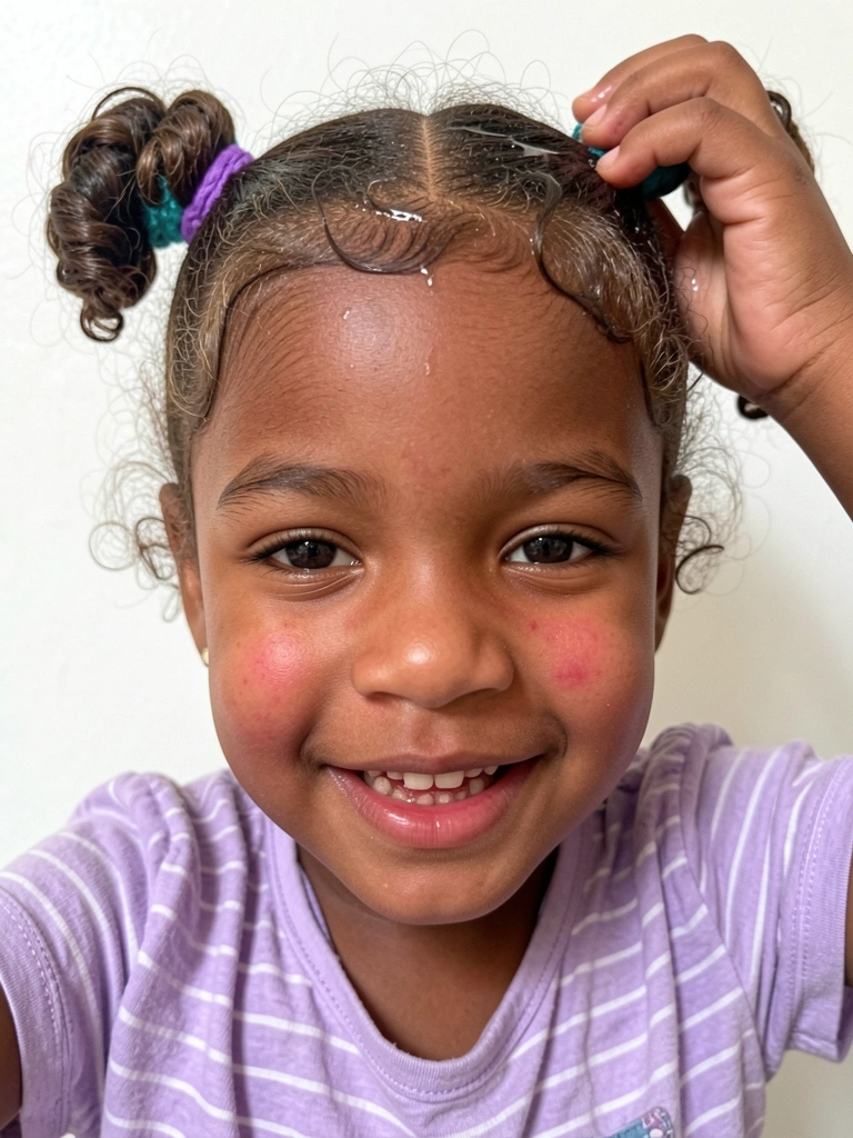 Mão aplicando gelatina transparente em cabelo cacheado infantil, close.