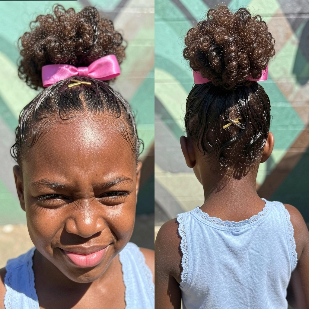 Criança com cabelo cacheado preso em coque alto e frouxo no topo da cabeça.