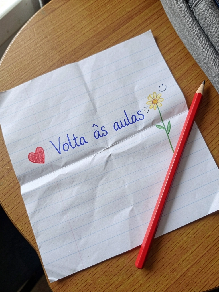 Bilhete escrito à mão com um coração e um desenho de flor ao lado.