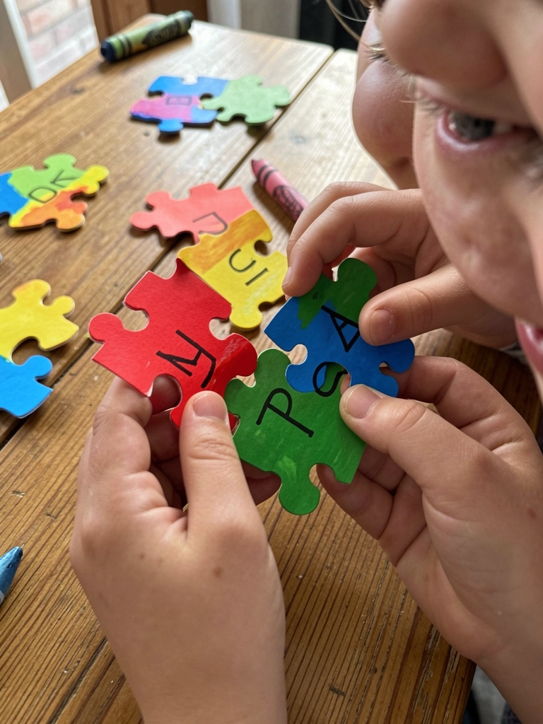 Peças de quebra-cabeça de papel colorido com letras formando um nome infantil sobre uma superfície lisa.