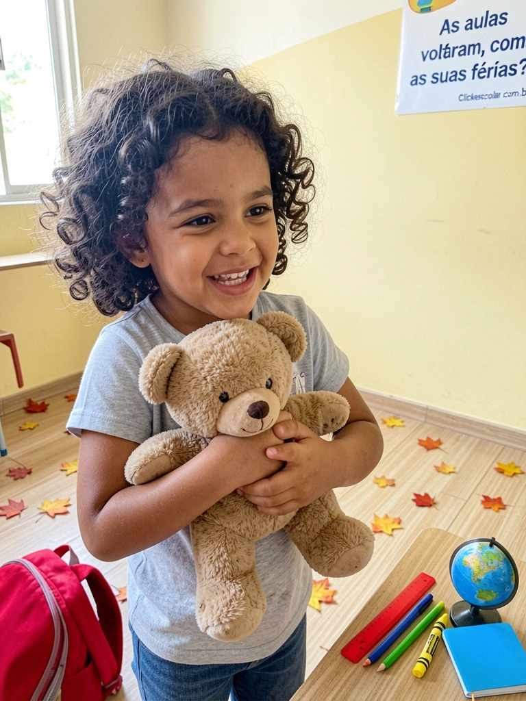 Criança em pé na frente da turma, segurando um urso de pelúcia e falando.