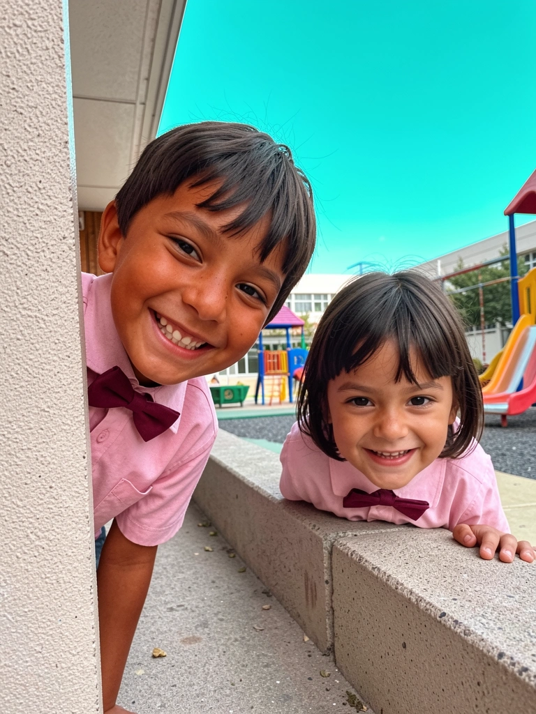 Crianças se escondendo atrás de árvores e bancos no pátio da escola durante uma brincadeira.