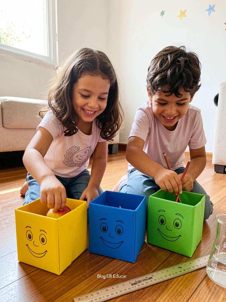 Crianças em volta de caixas coloridas, procurando objetos escondidos com as mãos.