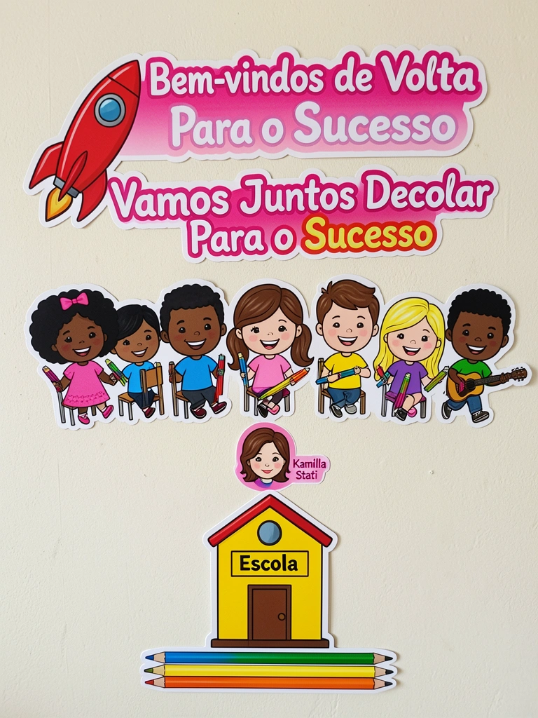 Crianças andam em círculo ao redor de cadeiras enquanto professora toca violão.