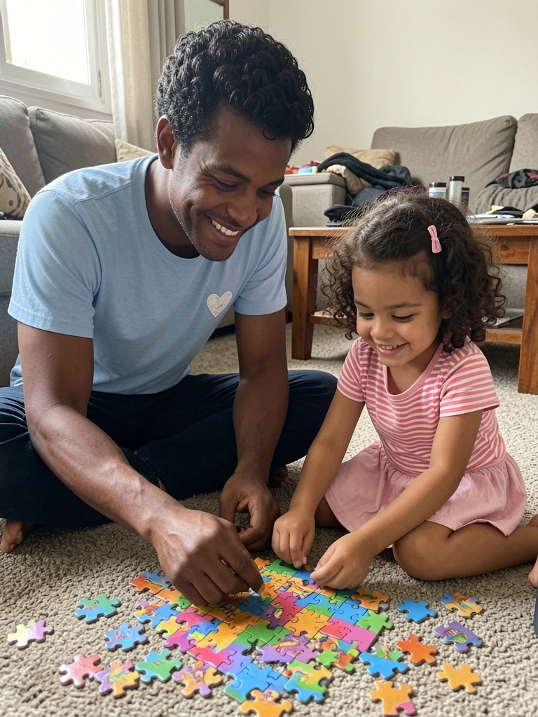 Pai e filha sentados no tapete da sala montando um quebra-cabeça colorido.