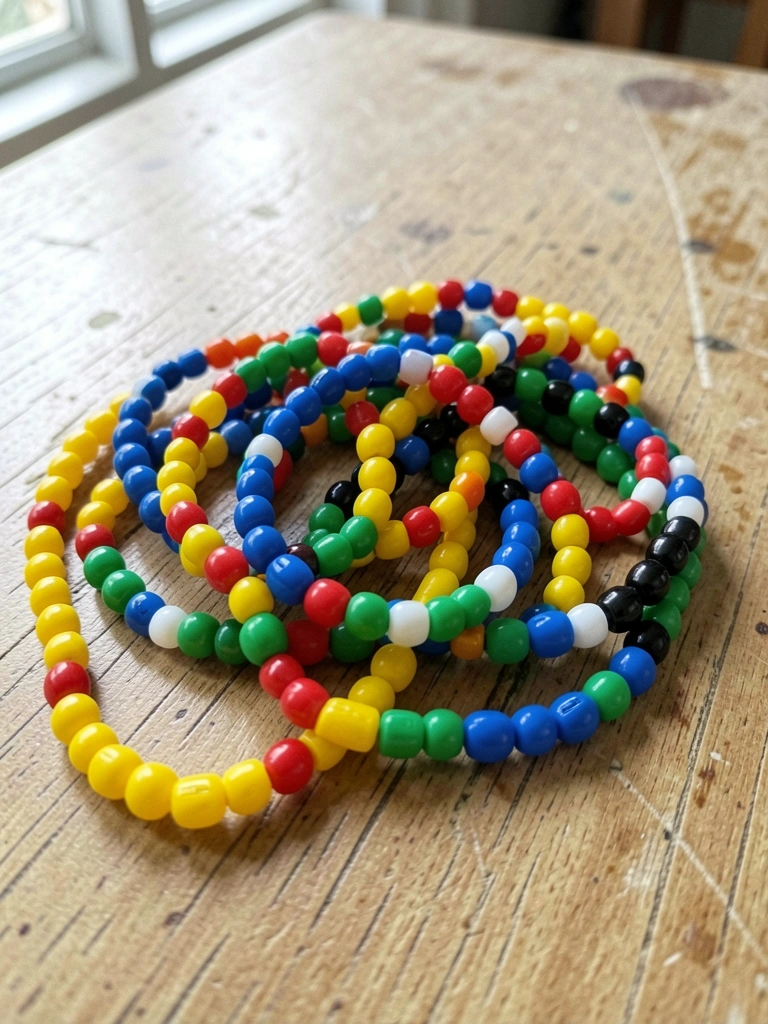 Pulseiras coloridas de miçangas sobre uma mesa de madeira.