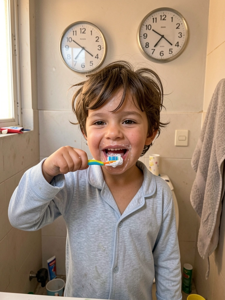 Criança de pijama escovando os dentes em frente ao espelho, relógio na parede marca 20h.