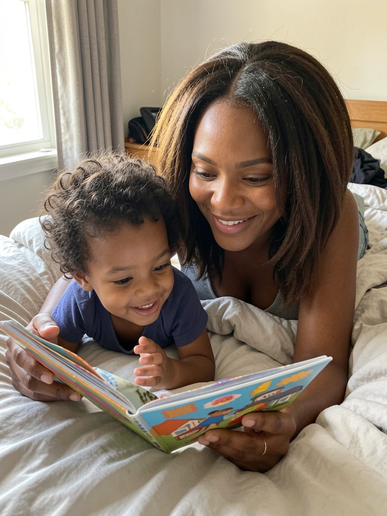 Mãe lê livro infantil para criança deitada na cama.