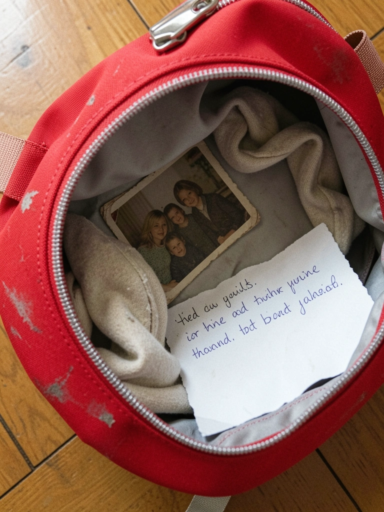 Mochila infantil aberta sobre uma mesa, com foto de família, lenço e bilhete dentro.