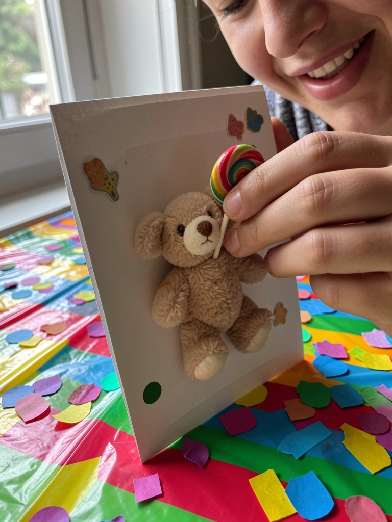Cartão decorado com bichinho de pelúcia e pirulito sobre mesa colorida.