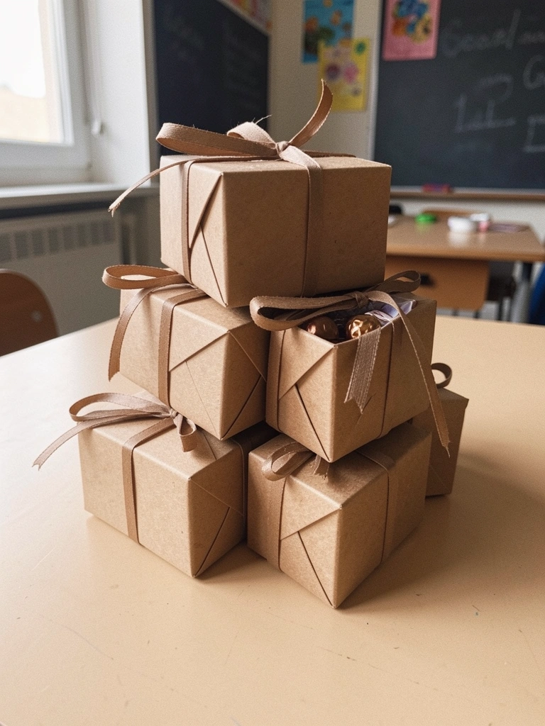 Maletinhas de papel kraft empilhadas em uma mesa de sala de aula, com bombons visíveis dentro.