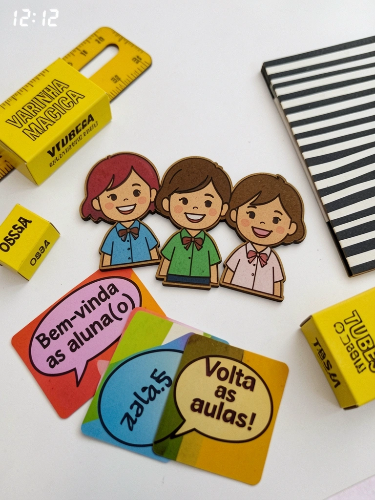 Peças de MDF cortadas a laser com impressão UV colorida sobre fundo neutro.