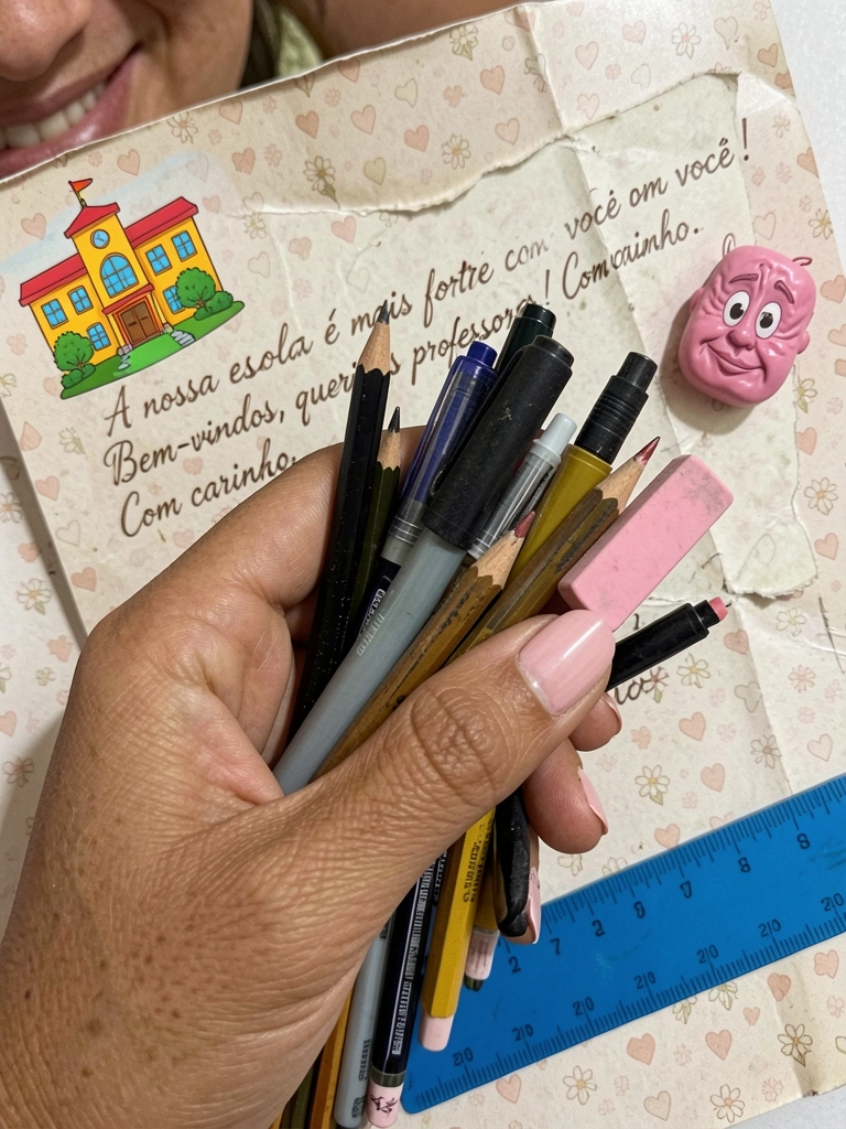 Lembrancinha artesanal com cruz e terço em feltro, decorada com laço de fita.