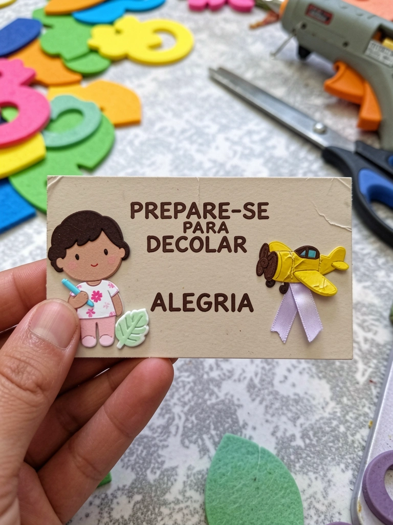 Recortes de EVA colorido e feltro sobre mesa, com tesoura e pistola de cola quente.