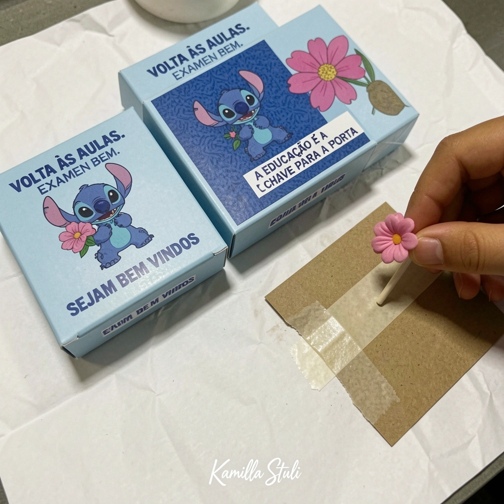 Mão segurando pirulito preso a cartão de papel kraft com fita adesiva.