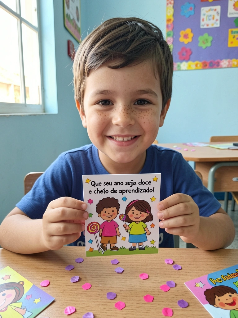 Criança pequena segurando lembrancinha colorida de EVA em sala de aula