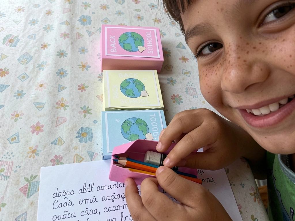 Criança de 7 anos abrindo uma maletinha de papel com lápis e borracha dentro, sorrindo.