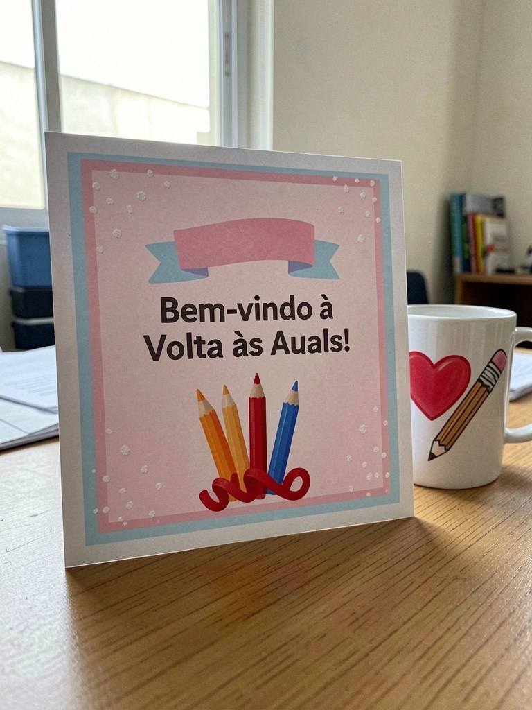 Caneca branca com estampa de coração e lápis sobre mesa de madeira, ao lado de outros materiais escolares.