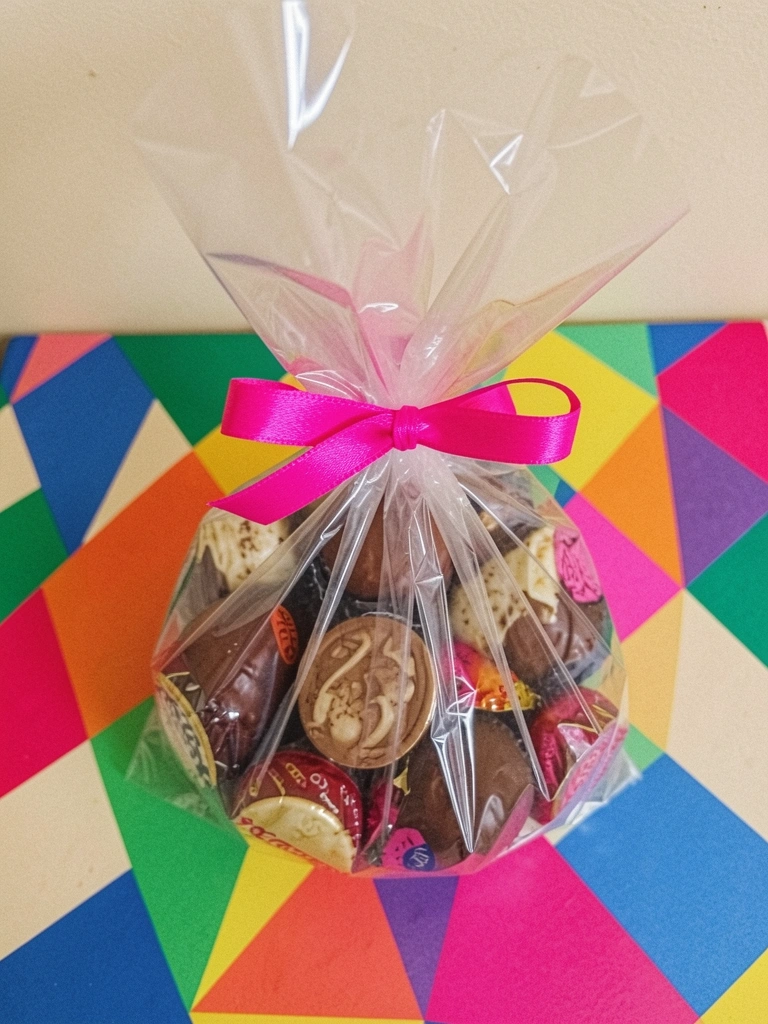 Embalagem transparente com bombons e laço sobre fundo colorido.