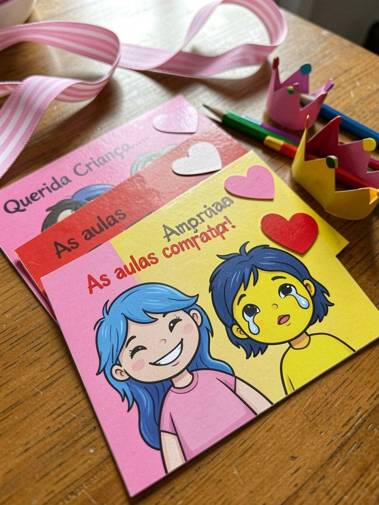 Kit de volta às aulas com lápis, coroa de papel e cartão sobre mesa de madeira.