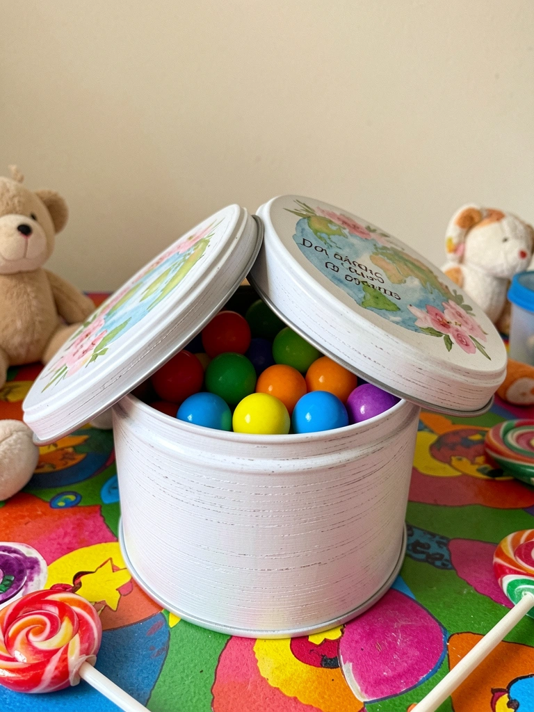 Cartão decorado com ursinho de pelúcia e pirulito sobre mesa colorida.