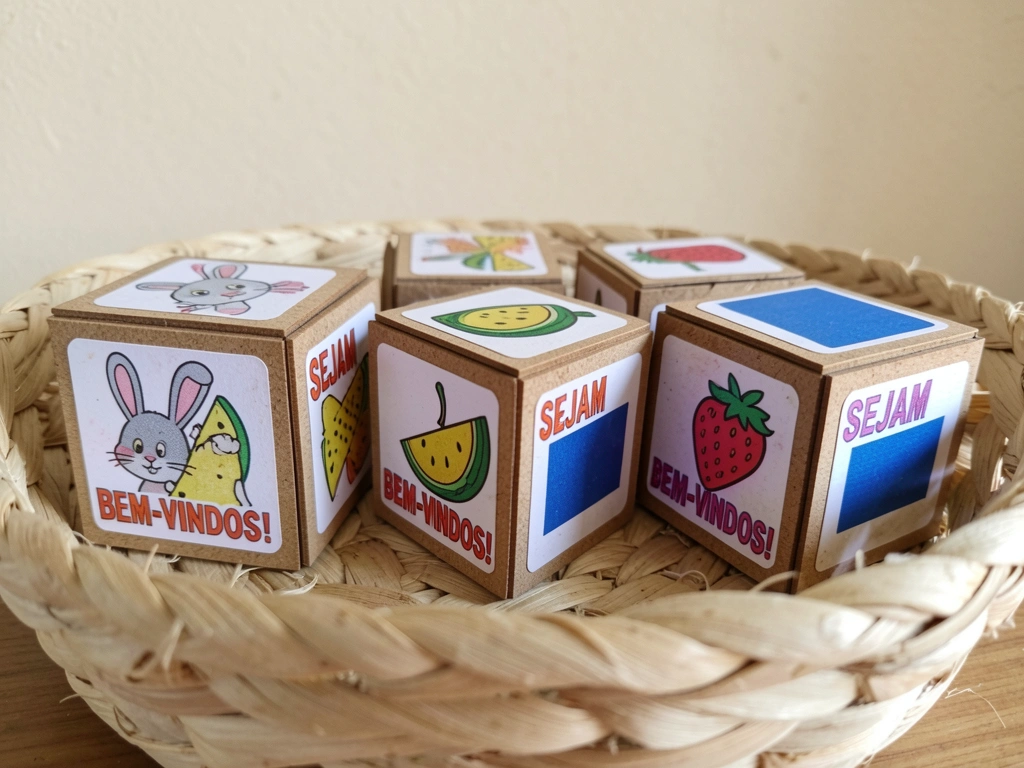 Peças de MDF cortadas a laser com impressão UV colorida sobre fundo neutro.