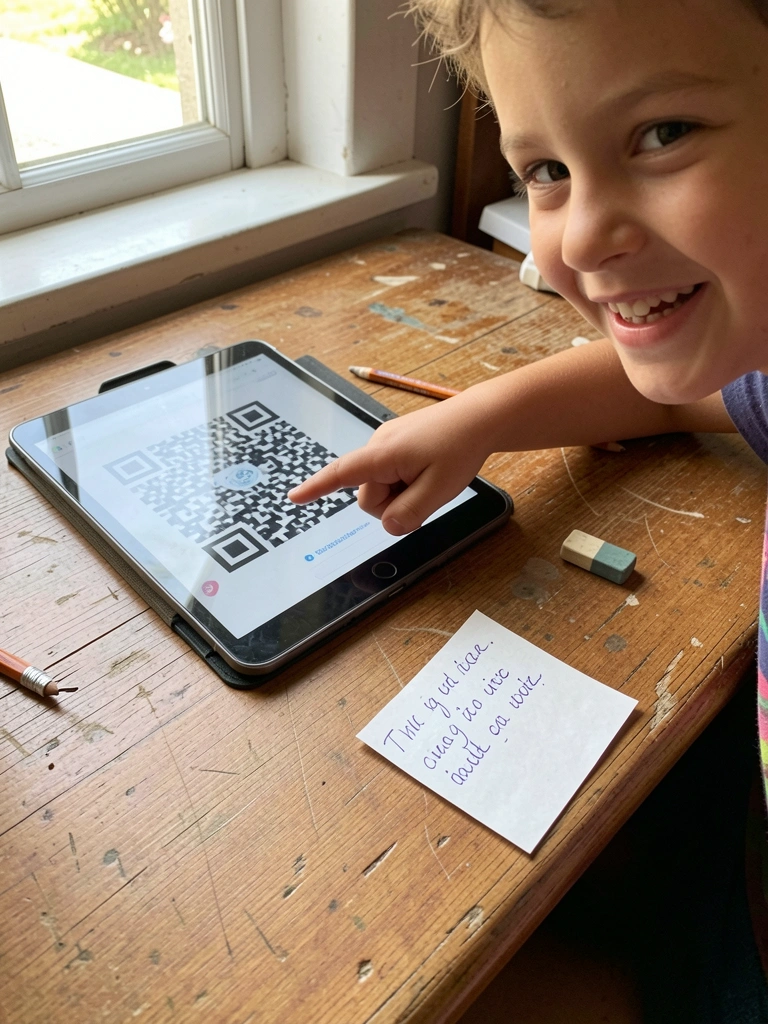 Tablet com QR code na tela ao lado de bilhete de papel, mão de criança apontando para a tela.