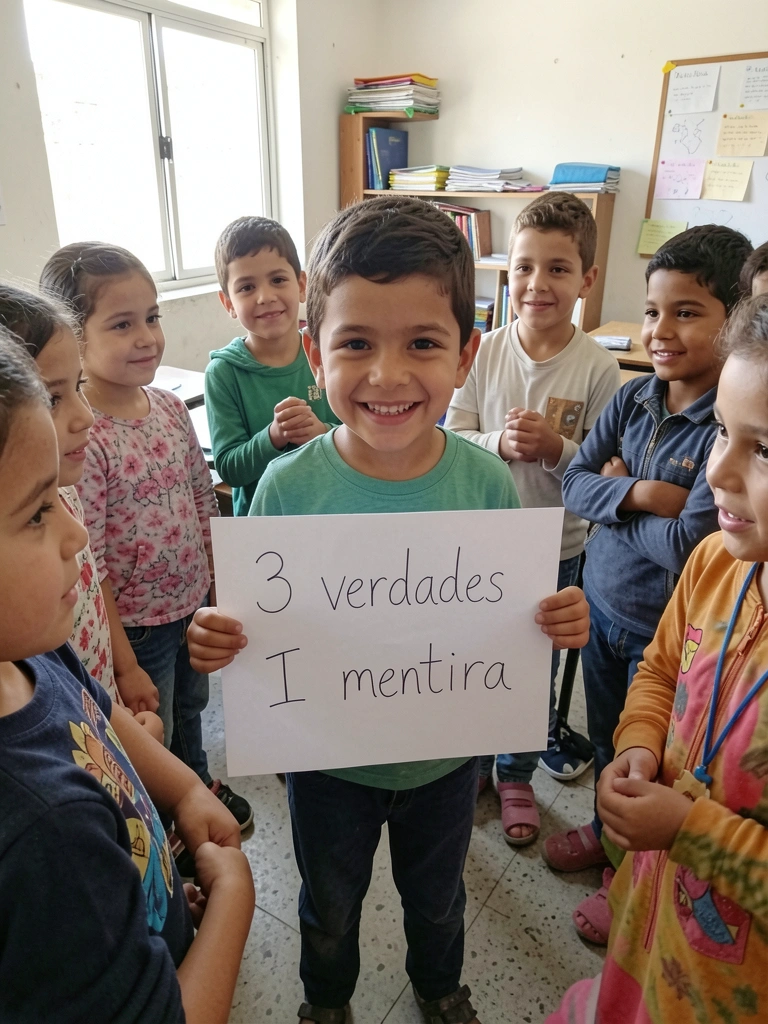 Crianças sentadas em círculo, uma segura cartaz com