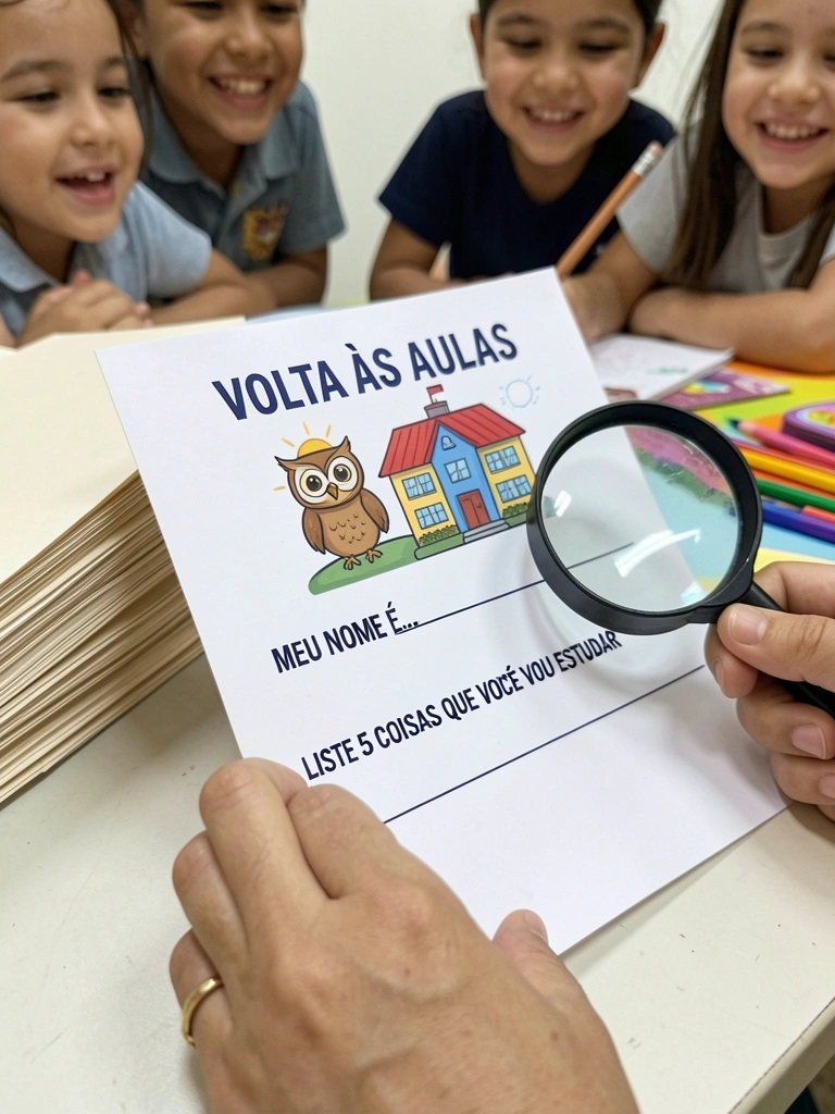 Criança desenha em papel enquanto outras observam, mesa colorida com lápis e canetas.
