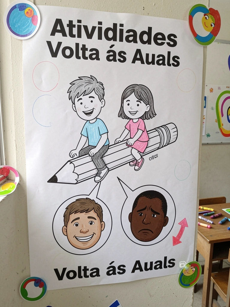 Cartaz grande com círculos e setas coloridas, crianças colando adesivos em grupo.
