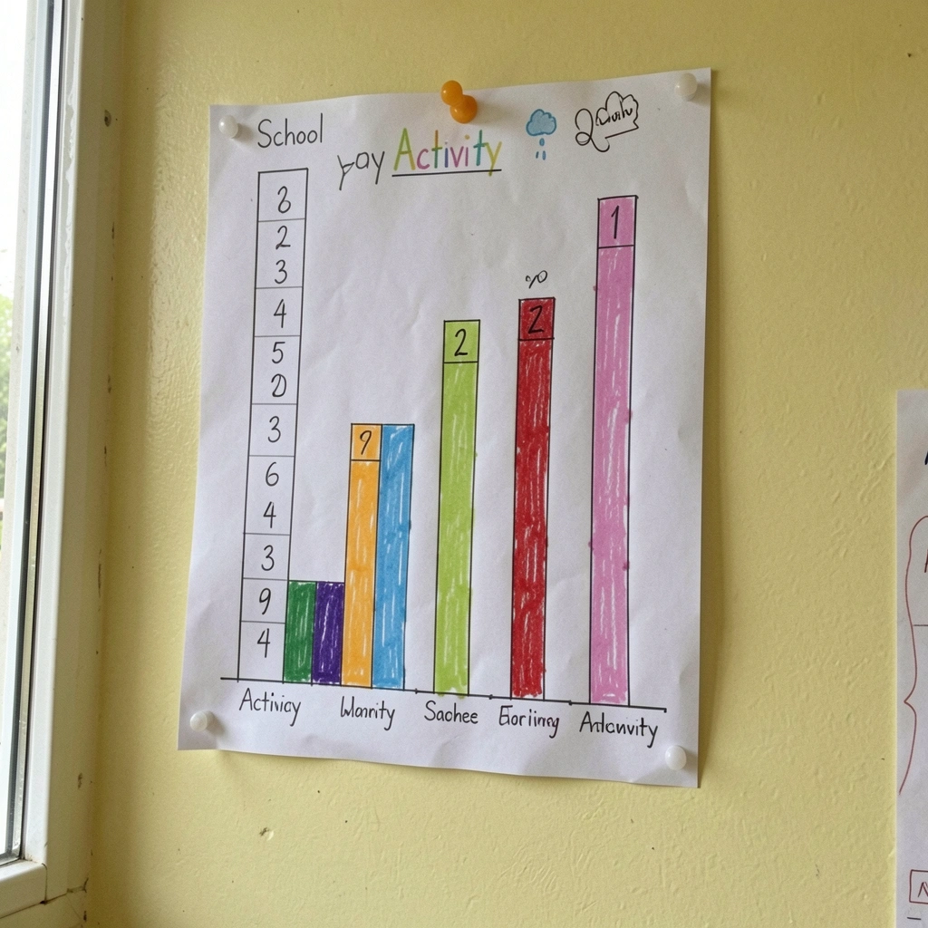 Parede de sala de aula com gráfico de barras de cartolina colorida, números e temas escritos à mão.