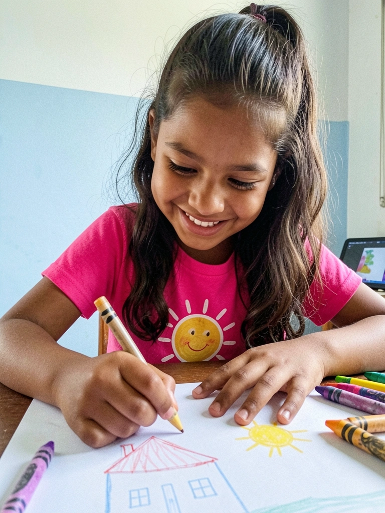 Criança sorrindo enquanto desenha um sol e uma casa em uma folha de papel grande.