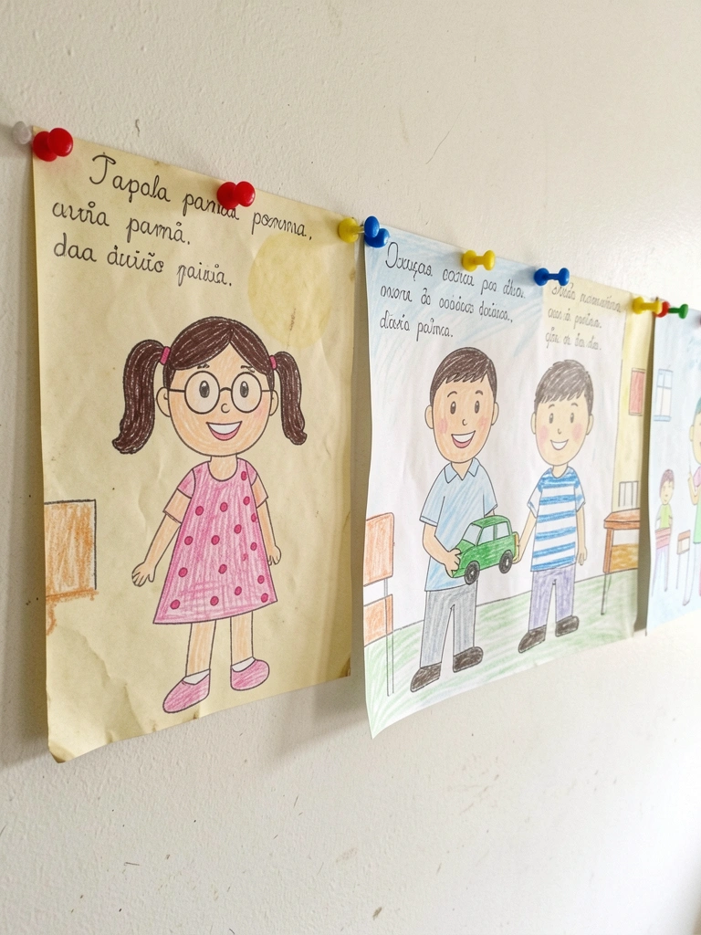 Mural com desenhos infantis presos por alfinetes coloridos.